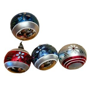 Blown Glass Hand Painted Flower Design Christmas Poland Tree Ornaments Vintage